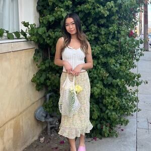 Floral Ruffle Detail Midi Skirt Chiffon Pink Green Yellow